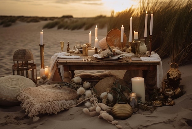 Hochzeitstisch am Meeresstrand bei Sonnenuntergang, generative KI