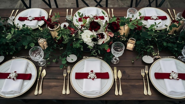 Hochzeitstisch mit weißen Servietten und roten Bändern