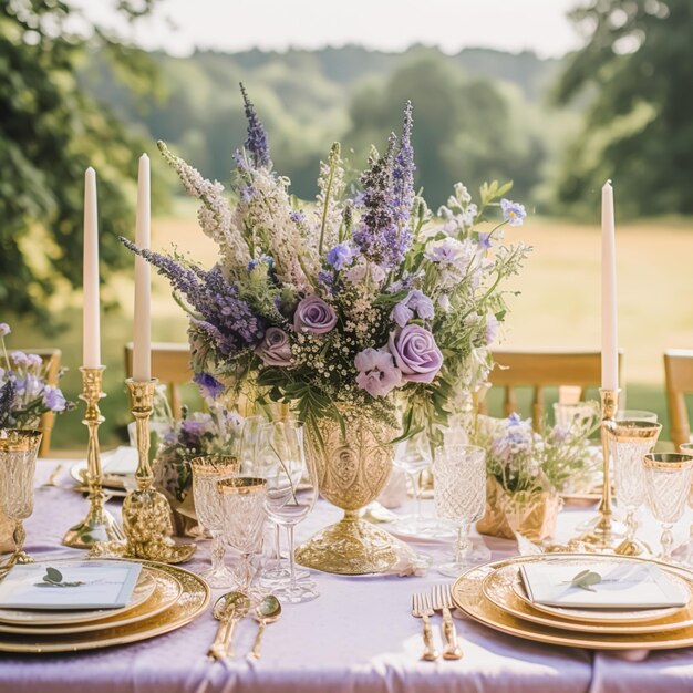 Hochzeitstischlandschaft, elegante, formelle Tischdekoration mit Lavendeldekoration für Urlaub, Party, Veranstaltung, Feier, nachbearbeitete generative KI