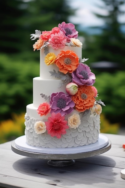 Hochzeitstorte dekoriert mit Blumen und Bändern in Regenbogenfarben