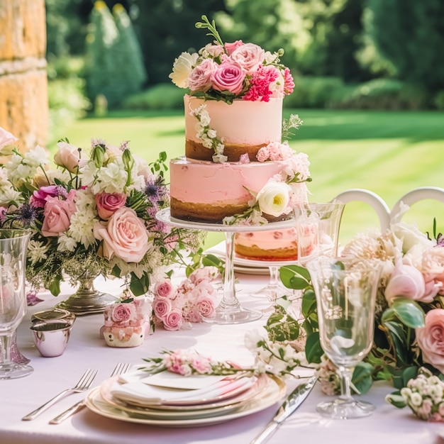 Hochzeitstorte mit Blumendekor, Partyfeier und Feiertags-Dessert-Catering in einem generativen Landgarten