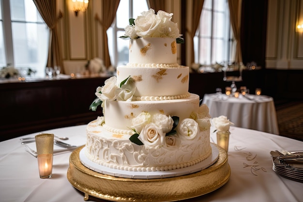 Hochzeitstorte mit goldenen und silbernen Ringen, umgeben von weißem Zuckerguss