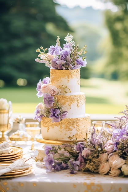Hochzeitstorte mit Lavendel-Blumendekor, Partyfeier und Feiertagsdessert in einem ländlichen Garten, Event, Gastronomie, generative KI im Landhausstil