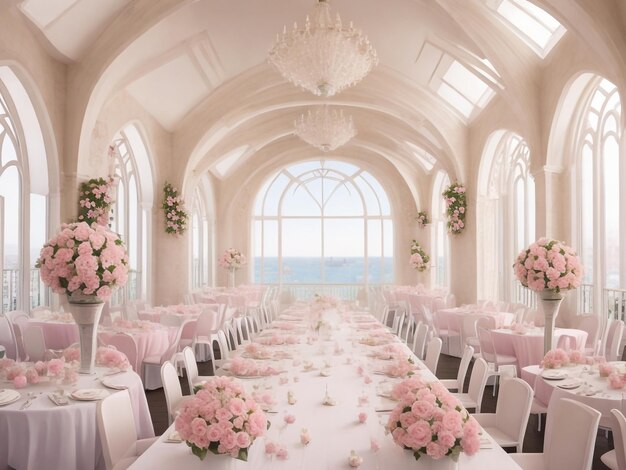 Hochzeitszeremonie in einem schönen Zeltsaal mit mit Blumensträußen geschmückten Esstischen