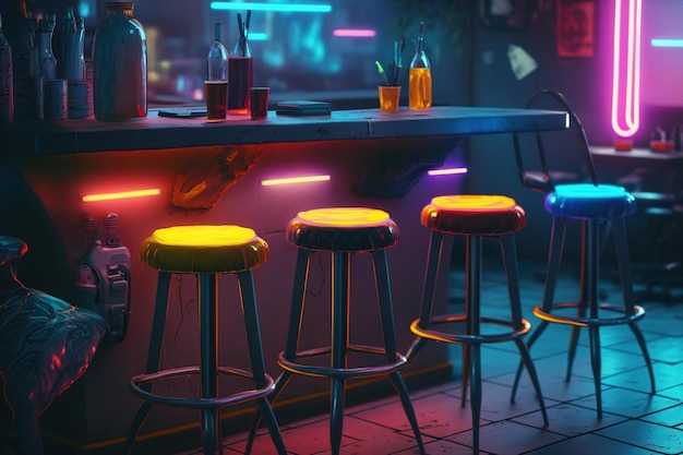 Hocker in Bars in Cyberpunk Cyberpunk City BAR Neons eine Cybercity-Kulisse und kontrastierende Farbtöne Metaverse des digitalen Zeitalters