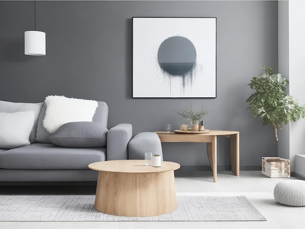 Hocker und Holztisch im modernen Wohnzimmer mit Gemälde über grauem Ecksofa