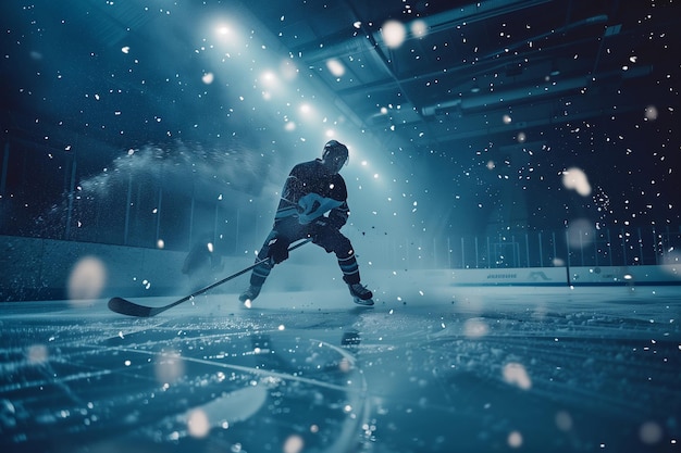 Hockey Rink Arena Jugador profesional disparando golpeando el disco con palos de hockey