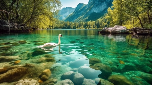 Höckerschwan Cygnus olor gleitet im Morgengrauen über einen nebelbedeckten See. Wunderschöner majestätischer Schwan auf dem See