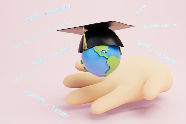 Foto höhere mathematische bildung auf der ganzen welt eine hand mit einem planeten in einer meisterkappe 3d-render