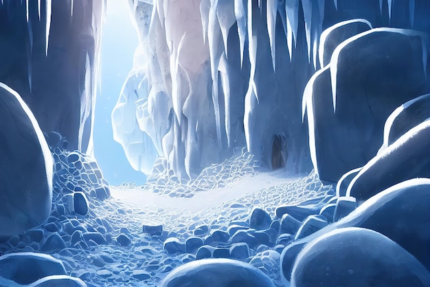 Höhle im berg in der wintersaison mit eis und schnee auf den felsen um 3d-illustration