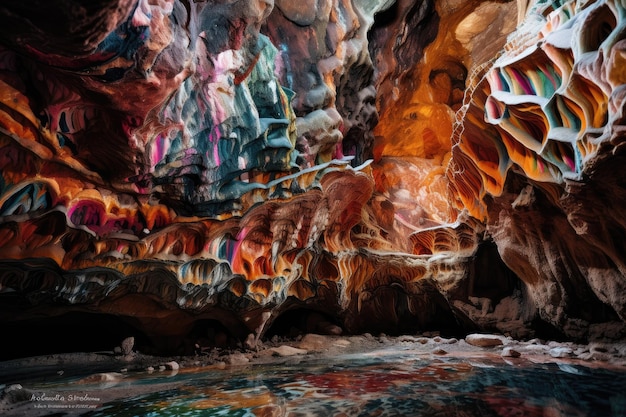 Höhle mit komplizierten und farbenfrohen Formationen, die an Kunstwerke erinnern, die mit generativer KI erstellt wurden