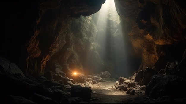 Höhle mit Lichtstrahlen, die durch die Höhle kommen Generative KI