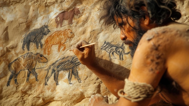 Höhlenmenschen zeichnen Tiere auf Felswände in der prähistorischen Zeit Neandertaler schaffen primitive Kunst Konzept der Höhlen alten Menschen Steinzeit