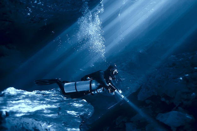 Höhlentauchen, Taucher unter Wasser, dunkle Höhle, Höhlenlandschaft