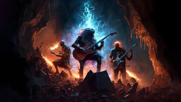 Höllische Heavy-Metal-Rock-Musiker-Band mit E-Gitarren in der Rockwelt Höhle neuronales Netzwerk generierte Kunst