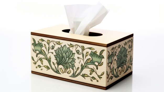 Foto hölzer tissue box cover mit dekorativem muster auf weißem hintergrund