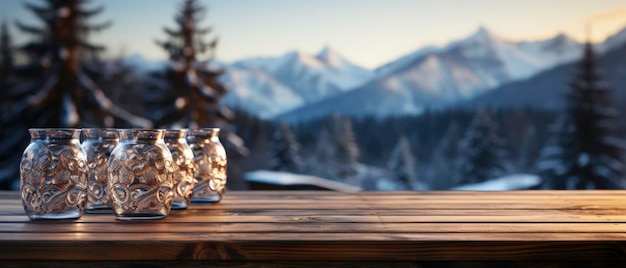 Hölzerne Arbeitsplatte auf einem verschwommenen Hintergrund einer verschneiten Winterlandschaft, generiert von KI