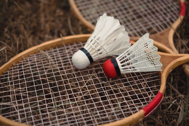 Hölzerne Badmintonschläger und ein weißer Federball und ein Plastikball mit rotem Kopf