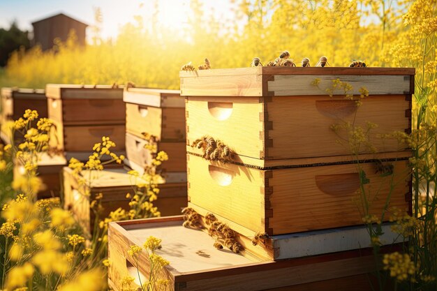 Hölzerne Bienenkästen oder Bienenstockkästen für die Bienenzucht und das Sammeln von Honig im blühenden Rapsfeld, 8k realistisch detailliert