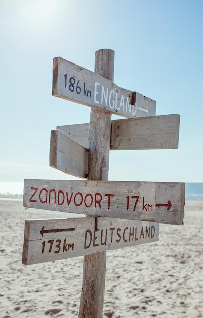 Hölzerne Informationstafel mit Entfernung zu England Deutschland und Zandvoort am Strand von North S