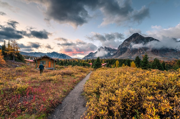 Hölzerne Naiset-Hütten mit felsigen Bergen im herbstlichen Wald im Assiniboine Provincial Park, Alberta, Kanada