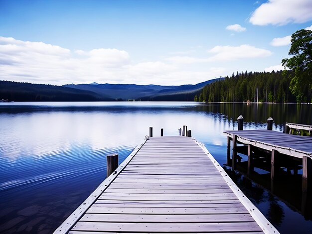 Foto hölzerne pierbrücke an einem see in den bergen generative ai