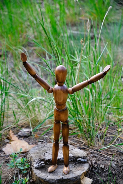 Foto hölzerne schaufensterpuppe in fröhlicher pose, die ihre hände auf einem baumstumpf vor grünem gras im hintergrund hebt