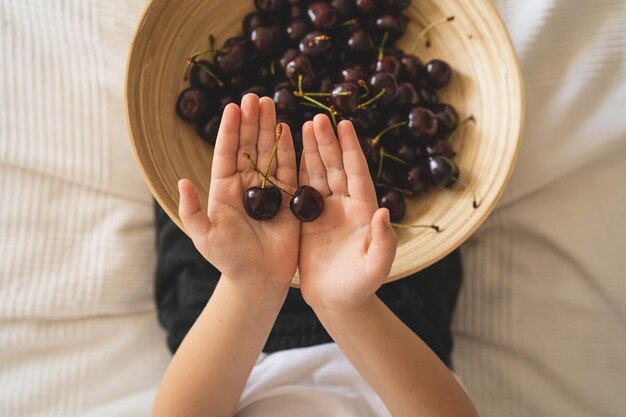 Hölzerne schüssel mit frischen saftigen beeren kirschen in händen bio-öko-produktfarm non-gmo frische rote kirschen