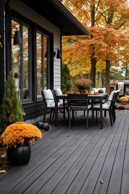 Foto hölzerne terrasse mit herbstdekorationen