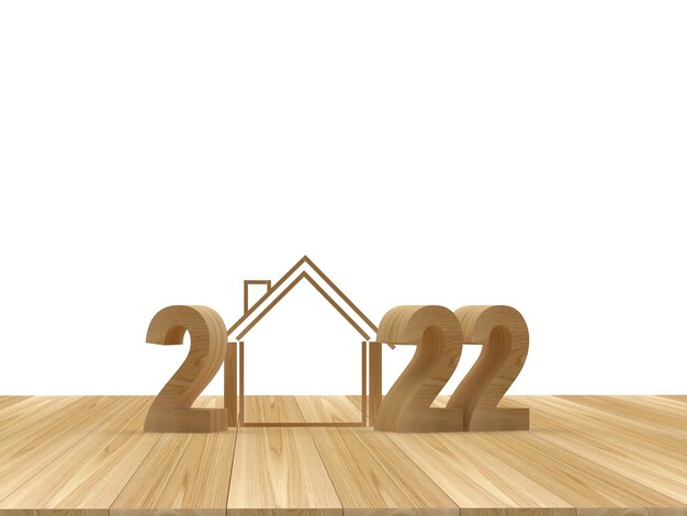 Hölzerne Zahl des neuen Jahres mit einem Haus auf einer hölzernen Illustration der Oberfläche 3D