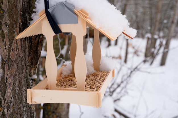 Hölzerner Feeder für wilde Waldvögel mit Futter, das am Baum hängt, der mit frischem, gefrorenem Schnee und Schneeflocken bedeckt ist, an frostigen Wintertagen in der Wald- oder Gartentierpflege verschneite Wintersaison in der Natur