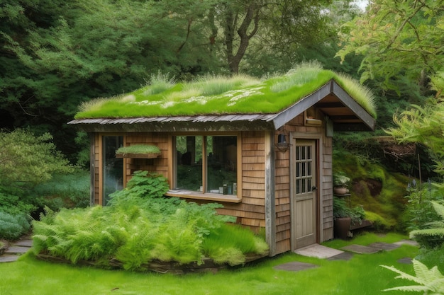 Hölzerner Gartenschuppen mit grünem Dach und Fenstern, umgeben von üppigem Grün