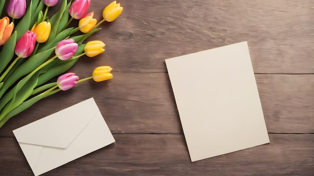 hölzerner Hintergrund mit Tulpenblumen mit Papiernotiz leerer Raum für die Begrüßungsbotschaft Liebe und Begrüßung Konzeptdesign KI-generiertes Bild ai