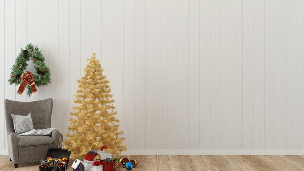 Hölzerner Innenraum 3d der Weihnachtswand übertragen Schablonenweihnachtsbaum