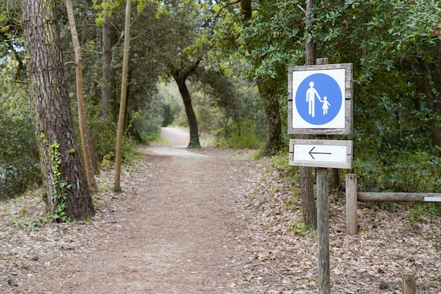 Hölzerner Pfeil, der die Richtung des Fußwegs für den Wanderweg im natürlichen Waldweg zeigt