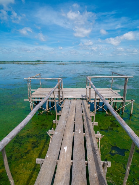 Hölzerner Pier, der sich in das Meer erstreckt