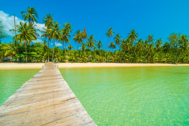 Hölzerner Pier oder Brücke mit tropischem Strand und Meer in der Paradiesinsel