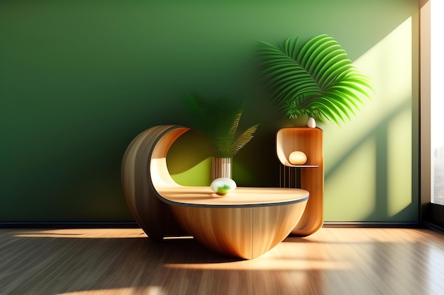 Hölzerner Podesttisch mit schöner Maserung und natürlicher Form, Bambuspalme im Sonnenlicht, Blattschatten auf der Matte