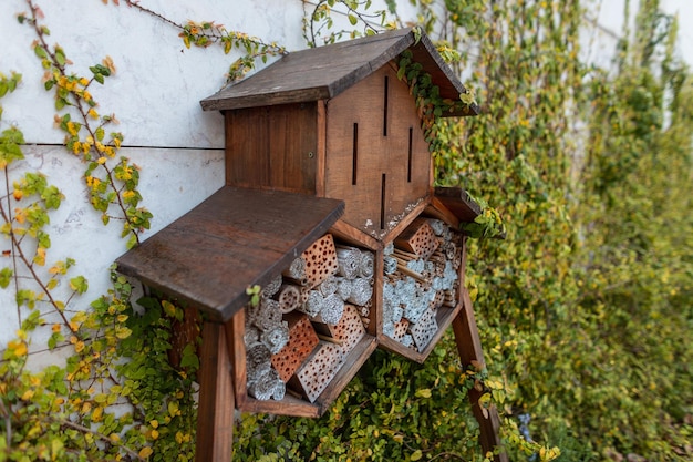 Hölzernes Insektenhaus im Garten mit viel Grün Retten Sie der Biene Ökologie Leben und Gleichgewicht