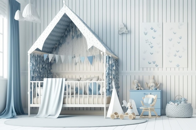 Hölzernes Kinderzimmer mit Tapete in Weiß- und Blautönen, Baldachin, Kinderbettteppich und Spielzeug, Illustration der Innenarchitektur eines Bauernhauses