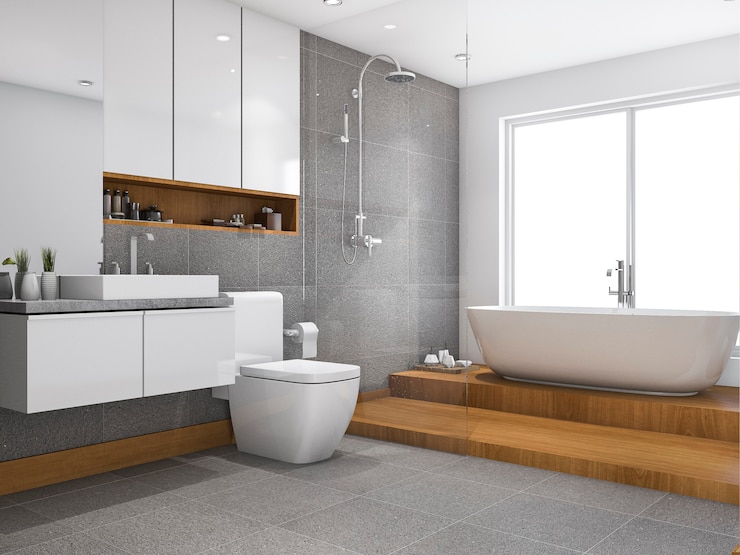 Foto hölzernes schrittbadezimmer und -toilette der wiedergabe 3d nahe fenster