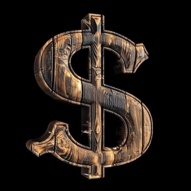 Hölzernes Shou Sugi Ban Dollarzeichen isoliert auf schwarzem Hintergrund