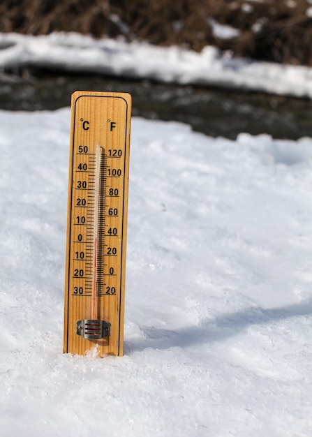 Hölzernes Thermometer, das im Eis auf einem teilweise zugefrorenen Fluss steht, die Sonne scheint und zeigt +3 Grad. Bild zur Veranschaulichung des Winterabgangs, des langsam schmelzenden Schnees und der kommenden wärmeren Tage