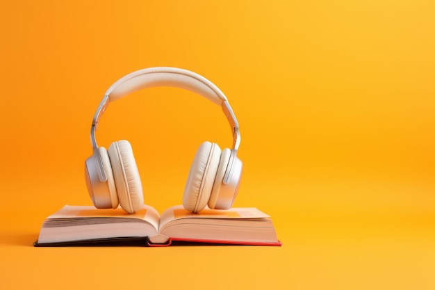 Hörbücher Lernwissen und Hobby Kopfhörer auf einem leuchtend orangefarbenen Hintergrund