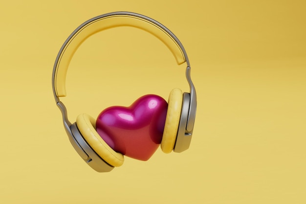 Hören Sie das Herzschlagherz mit Kopfhörern auf gelbem Hintergrund 3D-Rendering