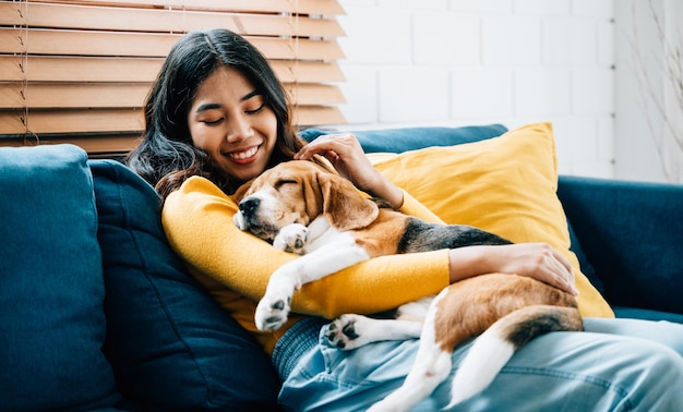 En un hogar acogedor, una mujer asiática y su cachorro Beagle duermen juntos en el sofá de su sala de estar. Su vínculo es un hermoso retrato de confianza, unión y felicidad.