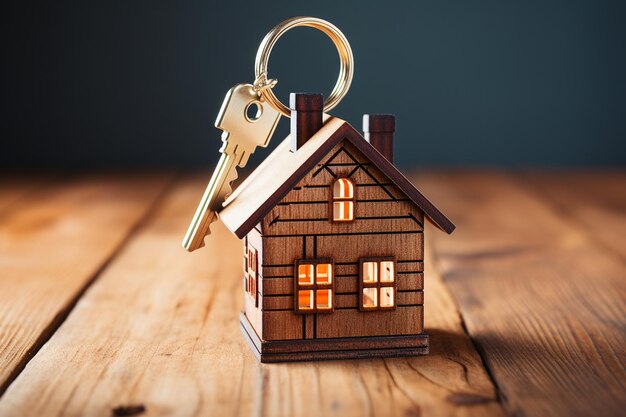 Hogar, dulce hogar Llavero con forma de casa y llave sobre mesa de madera IA generativa