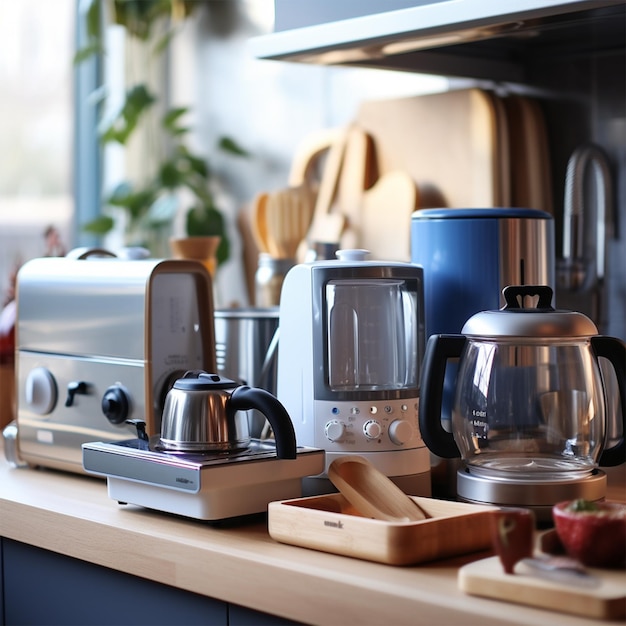 Hogar y electrodomésticos de cocina en la mesa.