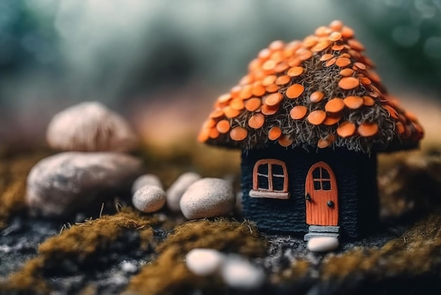 Hogar de fantasía de diminuto habitante de madera vista macro de cabaña de cuento de hadas IA generativa