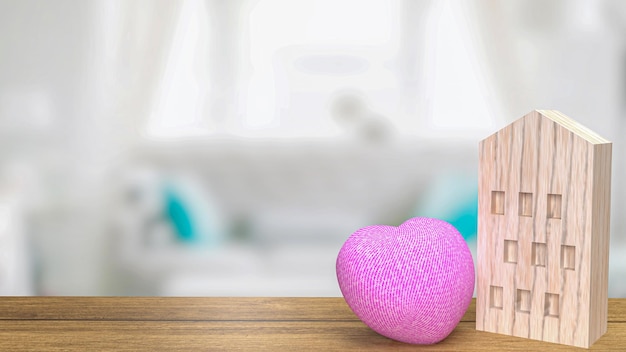 El hogar madera y corazón rosa para el concepto de propiedad 3d renderizado